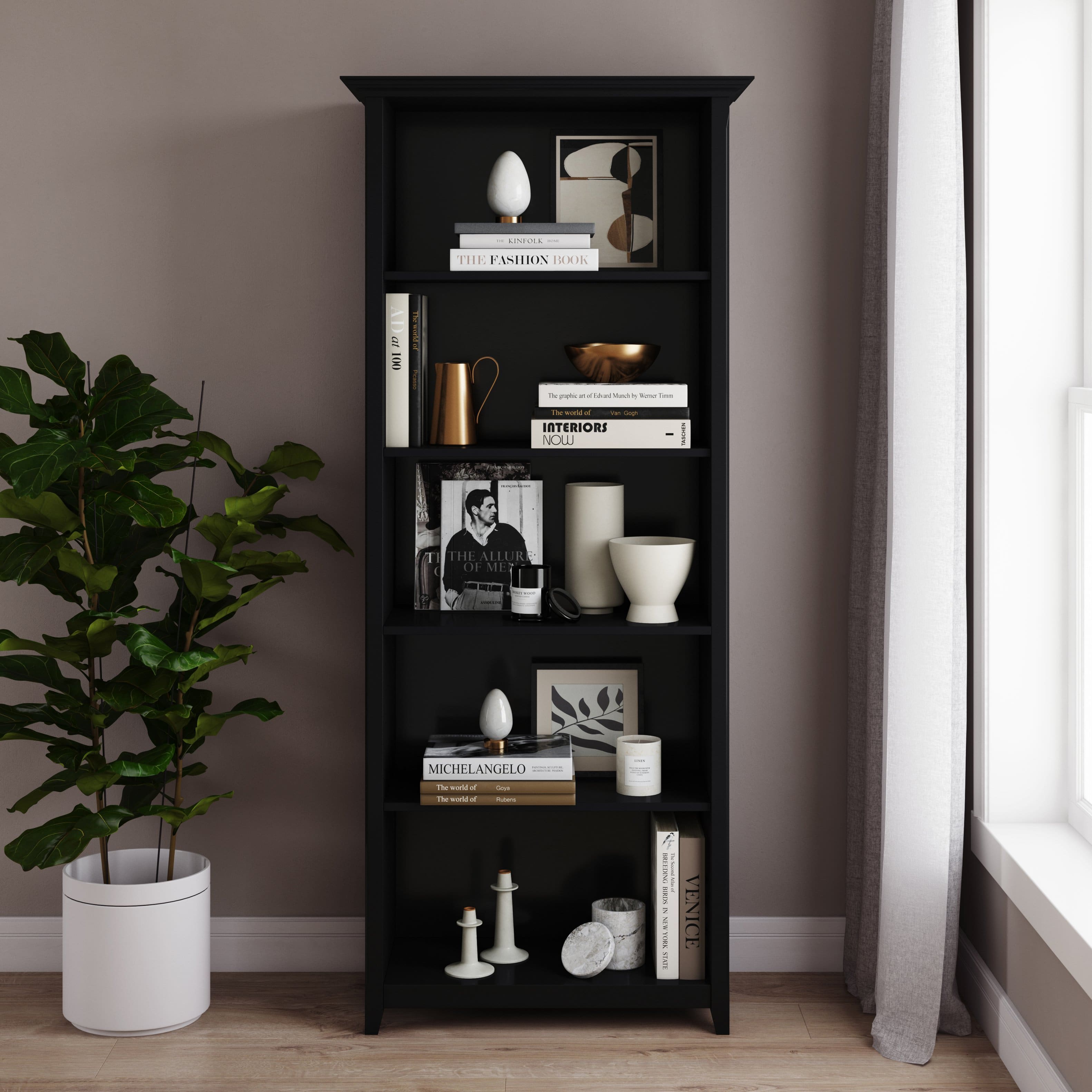 TinyHomie - Amherst 30 inch Solid Wood 5 Shelf Bookcase in Black