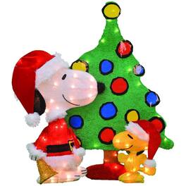 ProductWorks - Peanuts 32" Snoopy and Woodstock Pre-Lit Christmas Tree Yard Decor - Multicolored