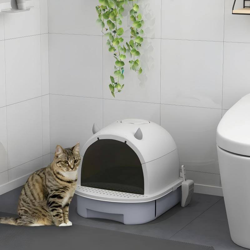 Alt View 3. SKONYON - Covered Cat Litter Box with Lid and Scoop - White.