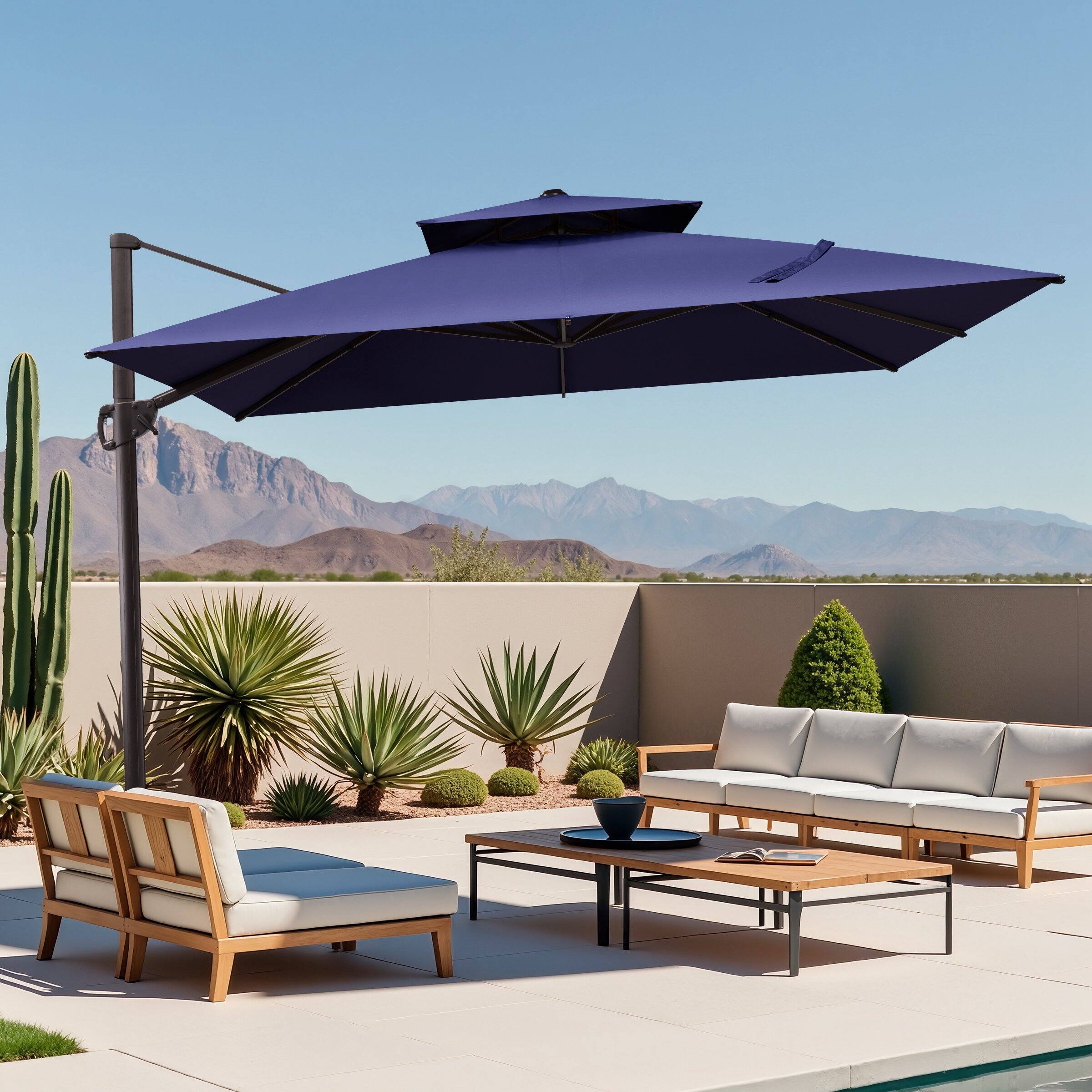 Alt View 6. Crestlive Products - Crestlive Products 11x11ft Aluminum Double Top Crank Cantilever Patio Umbrella with Base - Navy blue.
