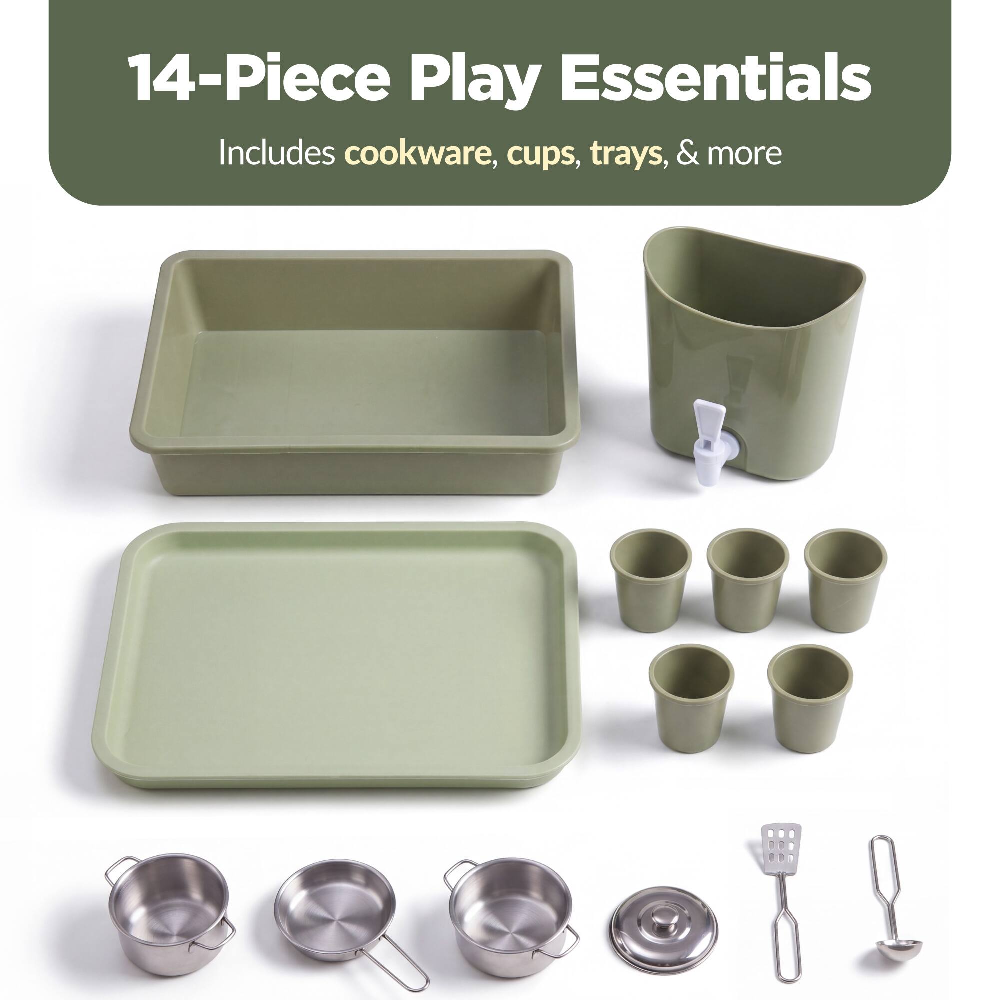 14-Piece Play Essentials  
Includes cookware, cups, trays, & more