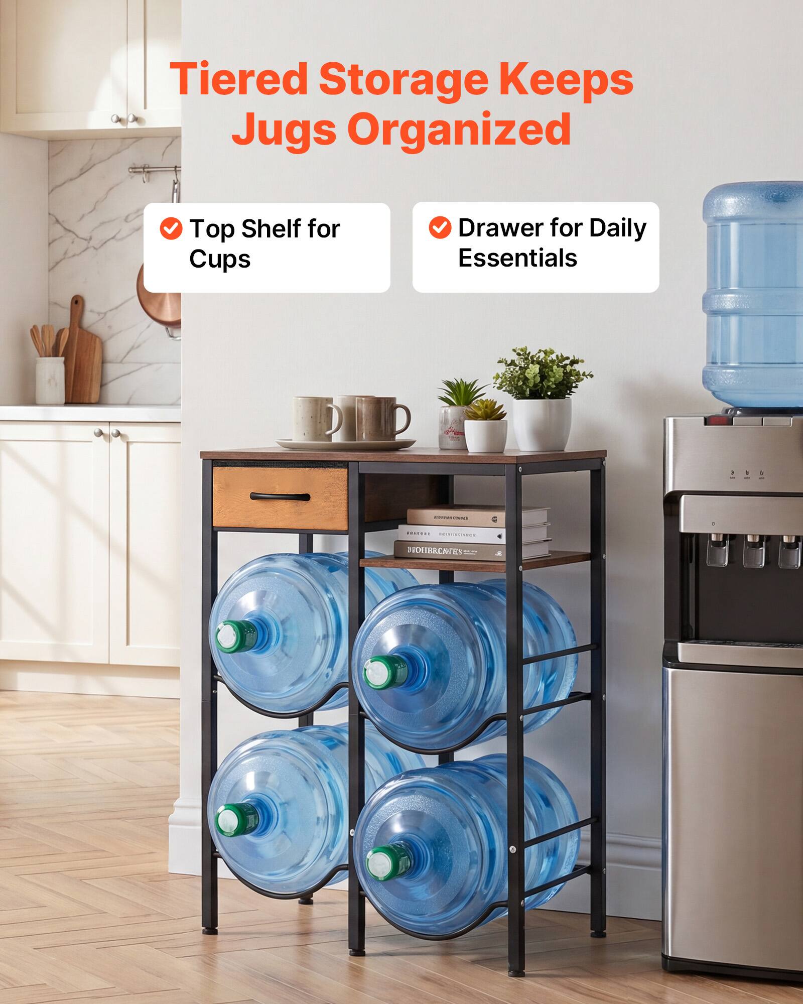 Tiered Storage Keeps Jugs Organized  
Top Shelf for Cups  
Drawer for Daily Essentials