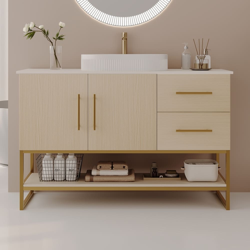 Loheer - 36 inch modern bathroom vanity with ceramic vessel sink and gold accent freestanding cabinet - American White Oak