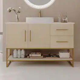 Loheer - 36 inch modern bathroom vanity with ceramic vessel sink and gold accent freestanding cabinet - American White Oak