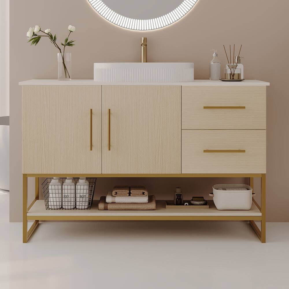Front. Loheer - Loheer 36 inch modern bathroom vanity with ceramic vessel sink and gold accent freestanding cabinet - American White Oak.
