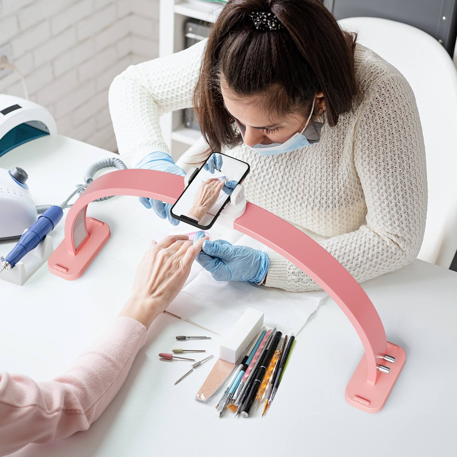Back. Winado - Professional Nail Desk Lamp w/ Multi-Angle Phone Stand, Adjustable Color Temperature, LED Light Bar for Nail Technicians - Pink.