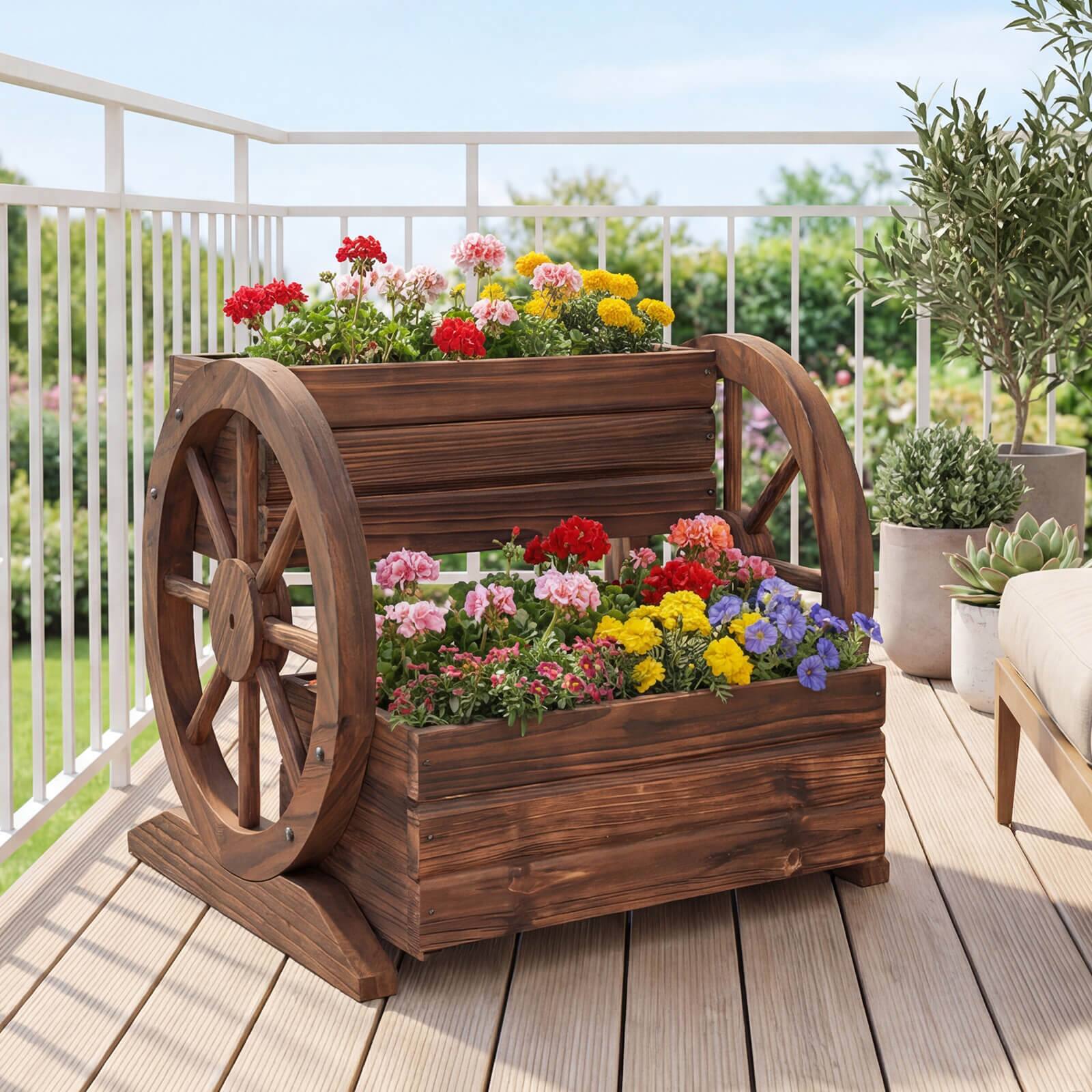 Alt View 1. Costway - Costway 1 PCS 2-Tier Rustic Wagon Planter Box with Drainage Holes&Wheels for Patio Balcony Garden - Coffee.