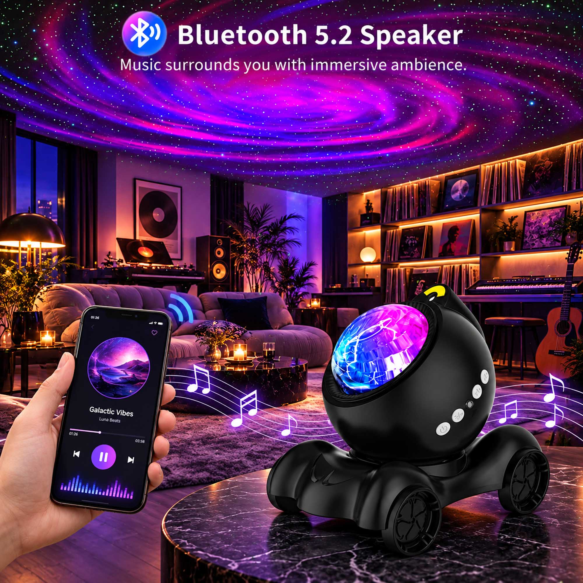 Bluetooth 5.2 Speaker  
Music surrounds you with immersive ambience.  

Galactic Vibes  
Luna Beats  
01.26 K  
00.58