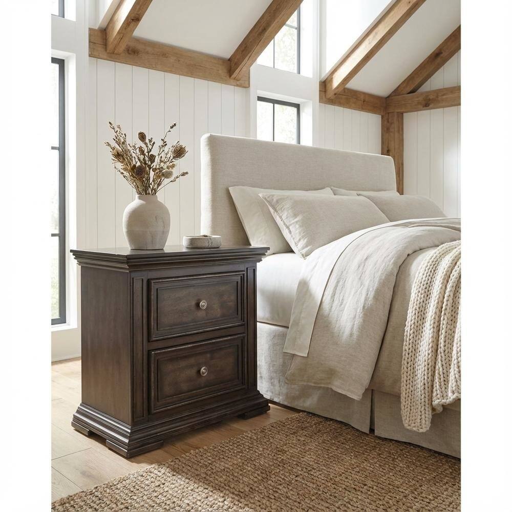 Angle. Starlight Canyon Home - Brown Nightstand with Two Drawers and Charging Station for Bedroom Storage - Brown.