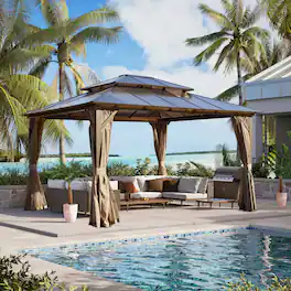 U-HOMY - Outdoor Hardtop Gazebo with Aluminum Frame, Double Roof Canopy, Curtains & Mosquito Netting - 12'x14'