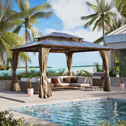 Front. U-HOMY - U-HOMY Outdoor Hardtop Gazebo with Aluminum Frame, Double Roof Canopy, Curtains & Mosquito Netting - 12'x14'.
