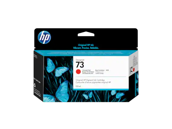 Original HP Ink
Vibrant. Precise. Reliable.
DesignJet 73
Chromatic Red
Rouge Chromatique
Rojó Cromático
Chromatisches Rot
Original HP Pigment Ink Cartridge
Cartouche d'encre pigmentée original HP
130 ml
Contains 1 pigment ink cartridge
1개의 페인트 잉크 탱크 포함
For recycling information, visit www.hp.com/recycle