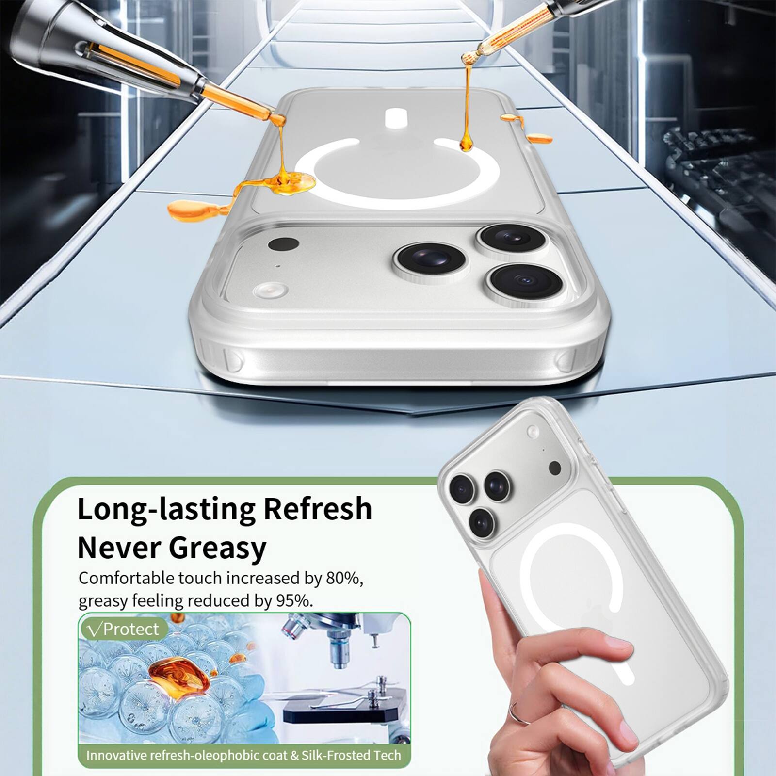 Long-lasting Refresh  
Never Greasy  
Comfortable touch increased by 80%, greasy feeling reduced by 95%.  
Protect  
Innovative refresh-oleophobic coat & Silk-Frosted Tech