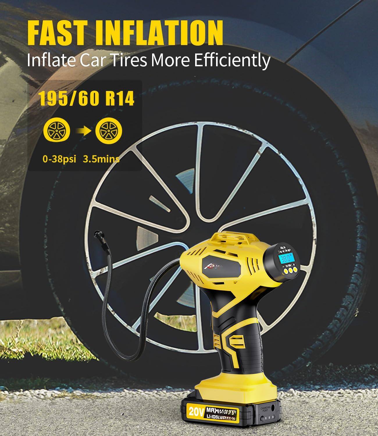 FAST INFLATION  
Inflate Car Tires More Efficiently  

195/60 R14  

0-38psi 3.5mins  

20V