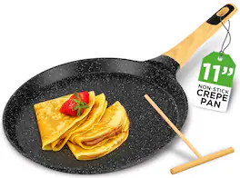NutriChef - 11” Non-Stick Crepe Pan, Marble Coated, Wooden Spreader, Induction Bottom, Dishwasher Safe (NCMKCP002411BK) - Black