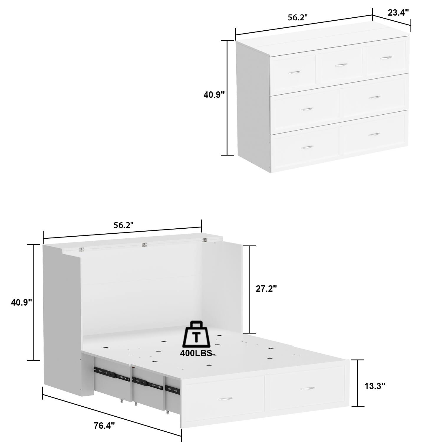 56.2"  
23.4"  
40.9"  
56.2"  
27.2"  
400LBS  
13.3"  
76.4"