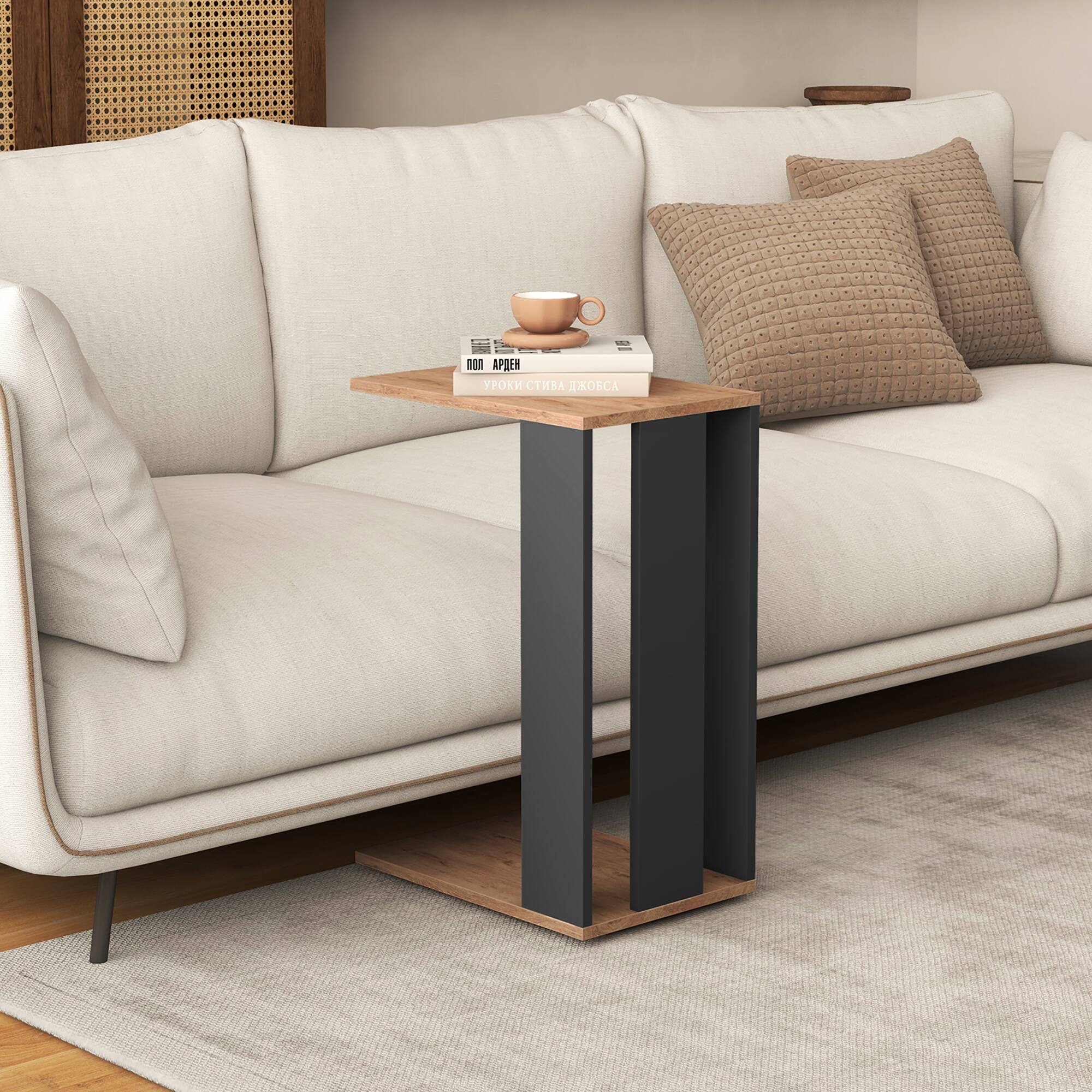 Alt View 1. Gymax - Gymax 2PCS 2-Tier C Shaped Side Table w/ Universal Wheels & Shelf for Small Space - Rustic Brown, Black.