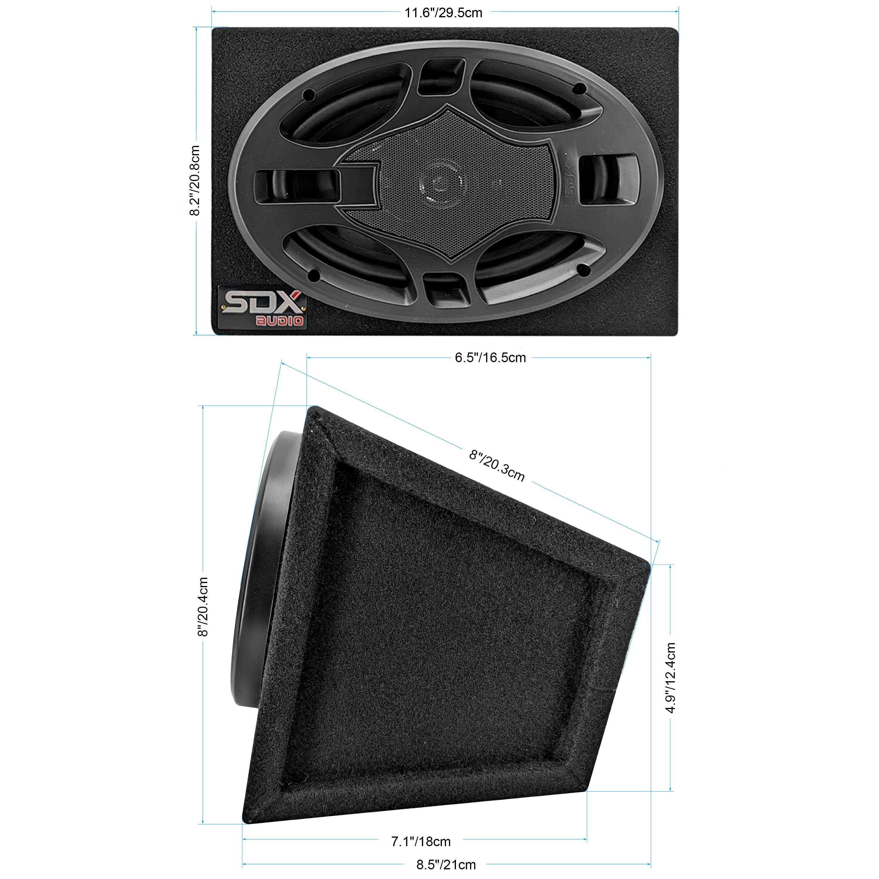 Sure, here is the corrected and grouped text from the image:

- **SDX AUDIO**
- **11.6"/29.5cm**
- **8.2"/20.8cm**
- **6.5"/16.5cm**
- **8"/20.3cm**
- **4.9"/12.4cm**
- **7.1"/18cm**
- **8.5"/21.6cm**
- **8.5"/21.6cm**
- **4.9"/12.4cm**
- **7.1"/18cm**
- **8.5"/21cm**