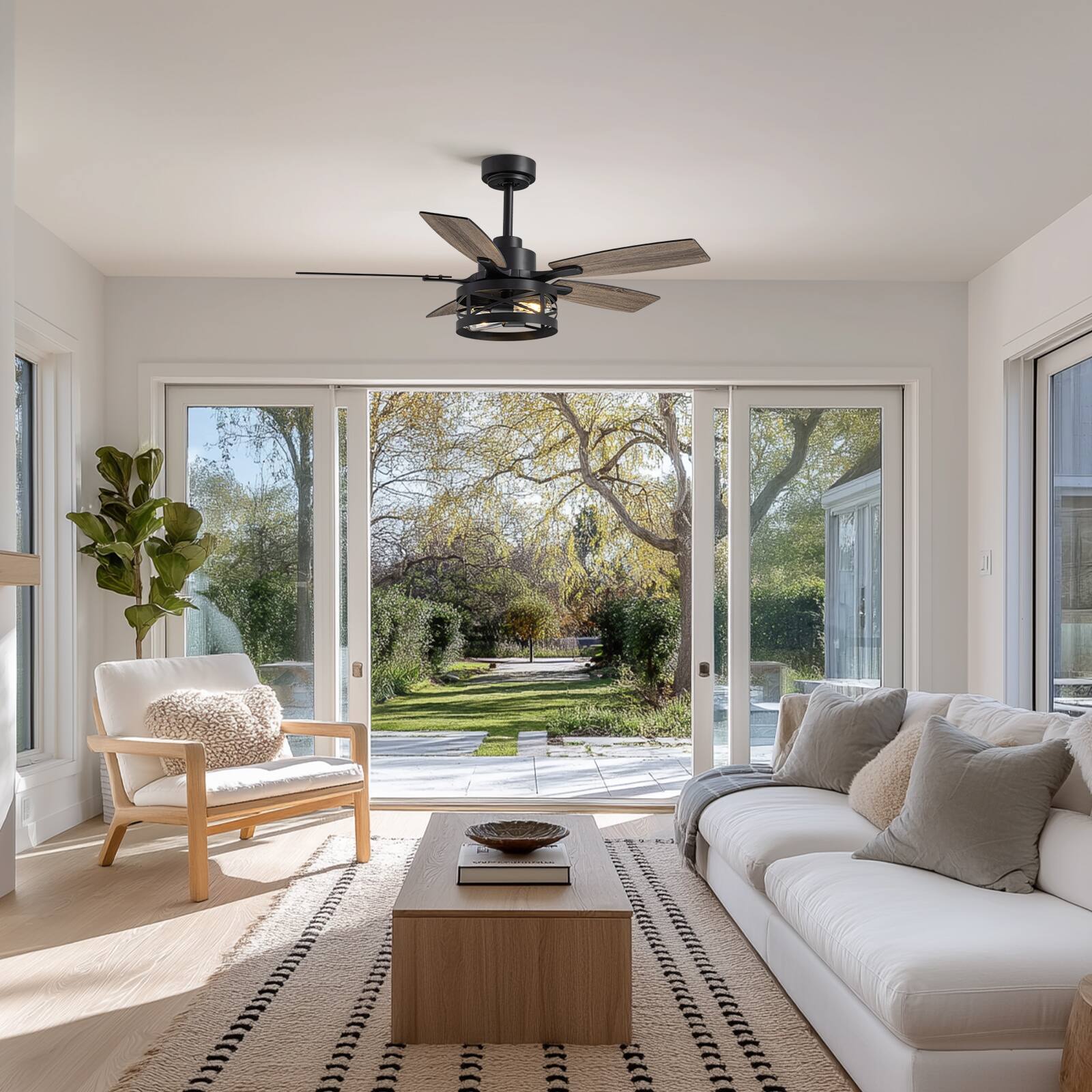 Left. Siljoy - 42-inch Farmhouse Cage Ceiling Fan with Light Slim Metal App & Remote Dimmable LED for Living Room Bedroom and Patio - Brown.