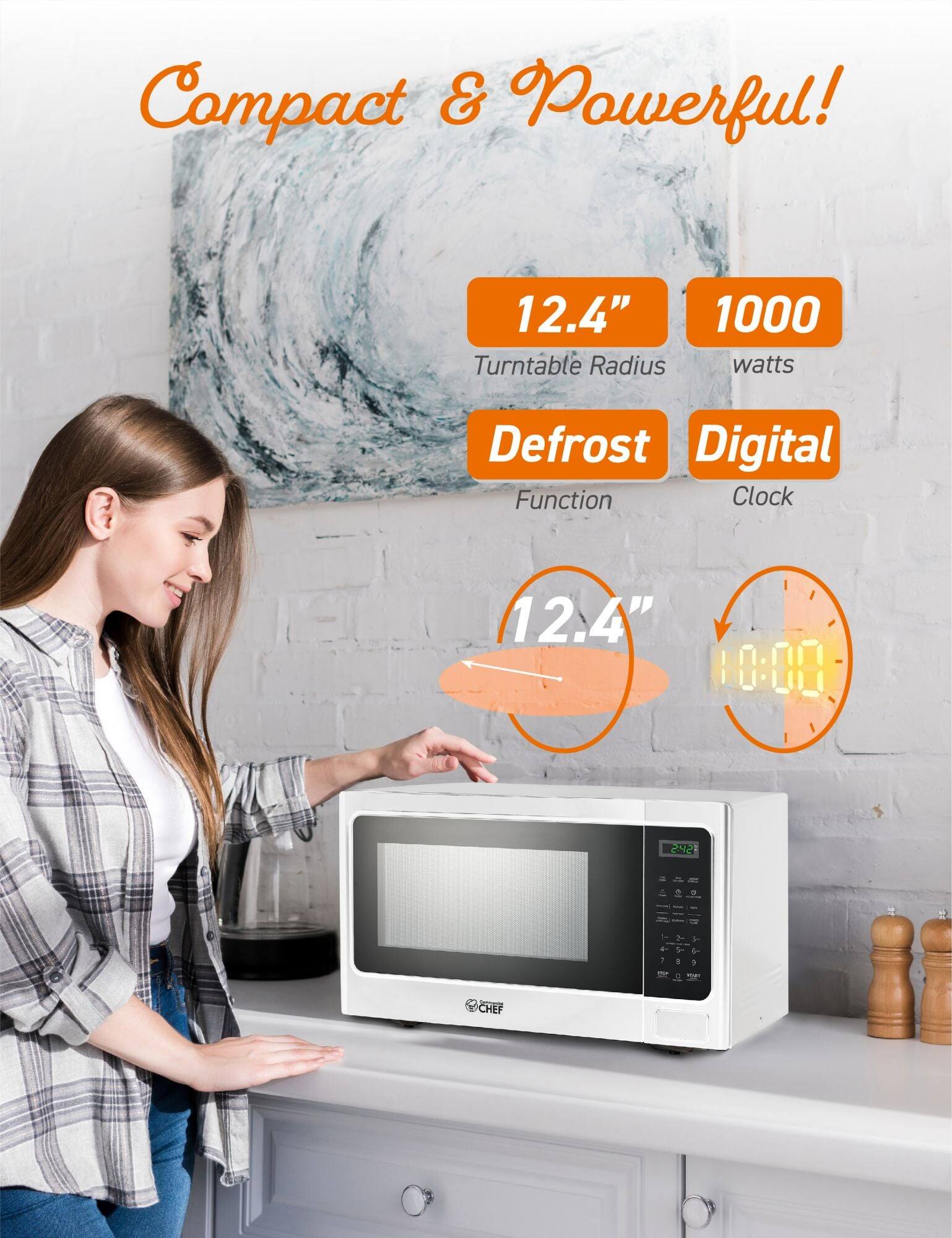 Compact & Powerful! 12.4" Turntable Radius 1000 watts Defrost Function Digital Clock 12.4" 10:00 - + - - - 1 L de CHEF