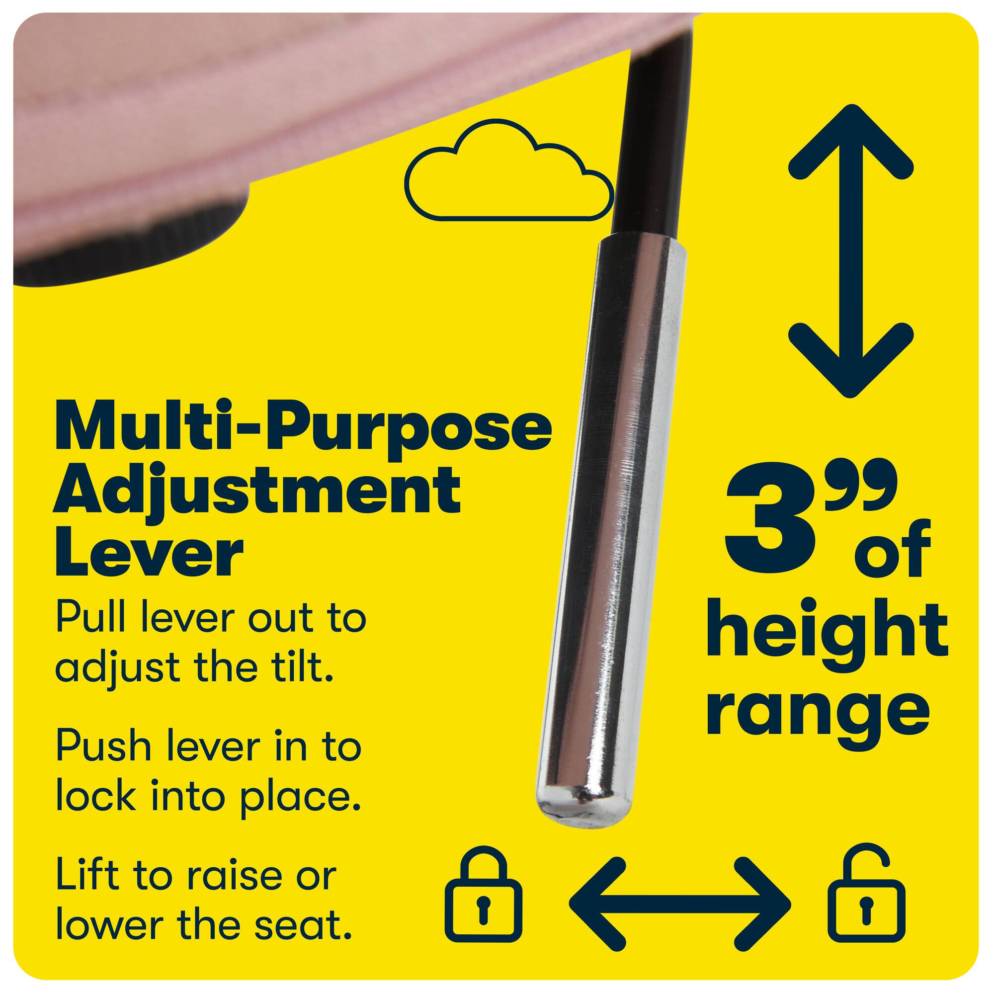 The image features a multi-purpose adjustment 3 lever, which is designed to adjust the tilt height of a seat. The lever is shown in a close-up view, and the text explains how to use it. To adjust the tilt, one should pull the lever out to adjust the tilt height. Once the desired height is achieved, the user should push the lever in to lock the height into place. To further customize the seat, one can lift the lever to raise or lower the seat.