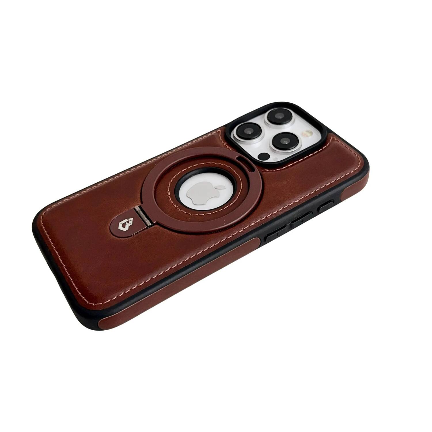 Angle. Stock Preferred - Luxury PU Leather Case with Invisible Ring Stand iPhone 17 Pro Max Coffee - Coffee.