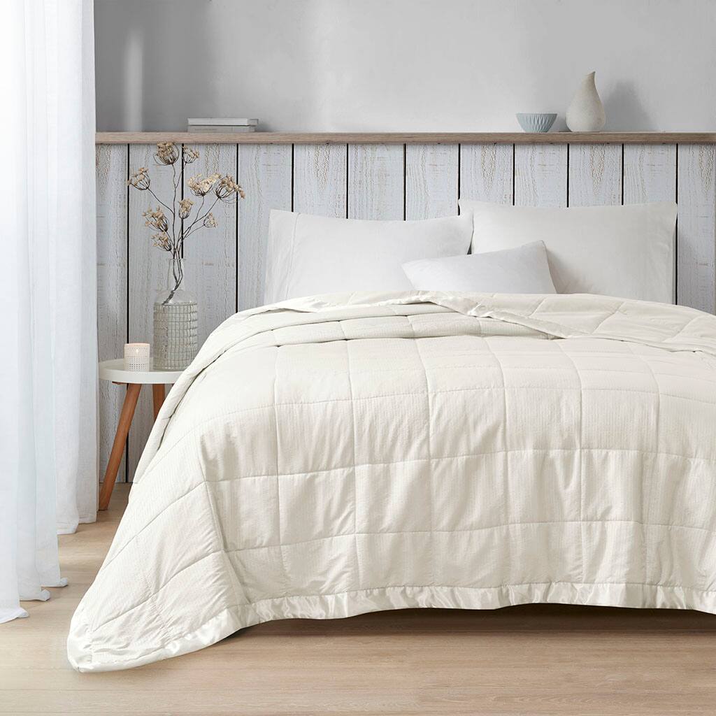 Alt View 2. Gracie Mills - Gracie Mills Lucile Textured Oversized Down Alternative Blanket with Satin Trim - Ivory.