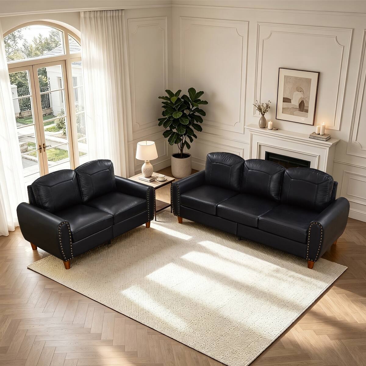 Angle. Ropilly - Ropilly Black Faux Leather Sofa Set Rolled Arm Sofa with Nailhead Trim Loveseat and Sofa Set - Black.