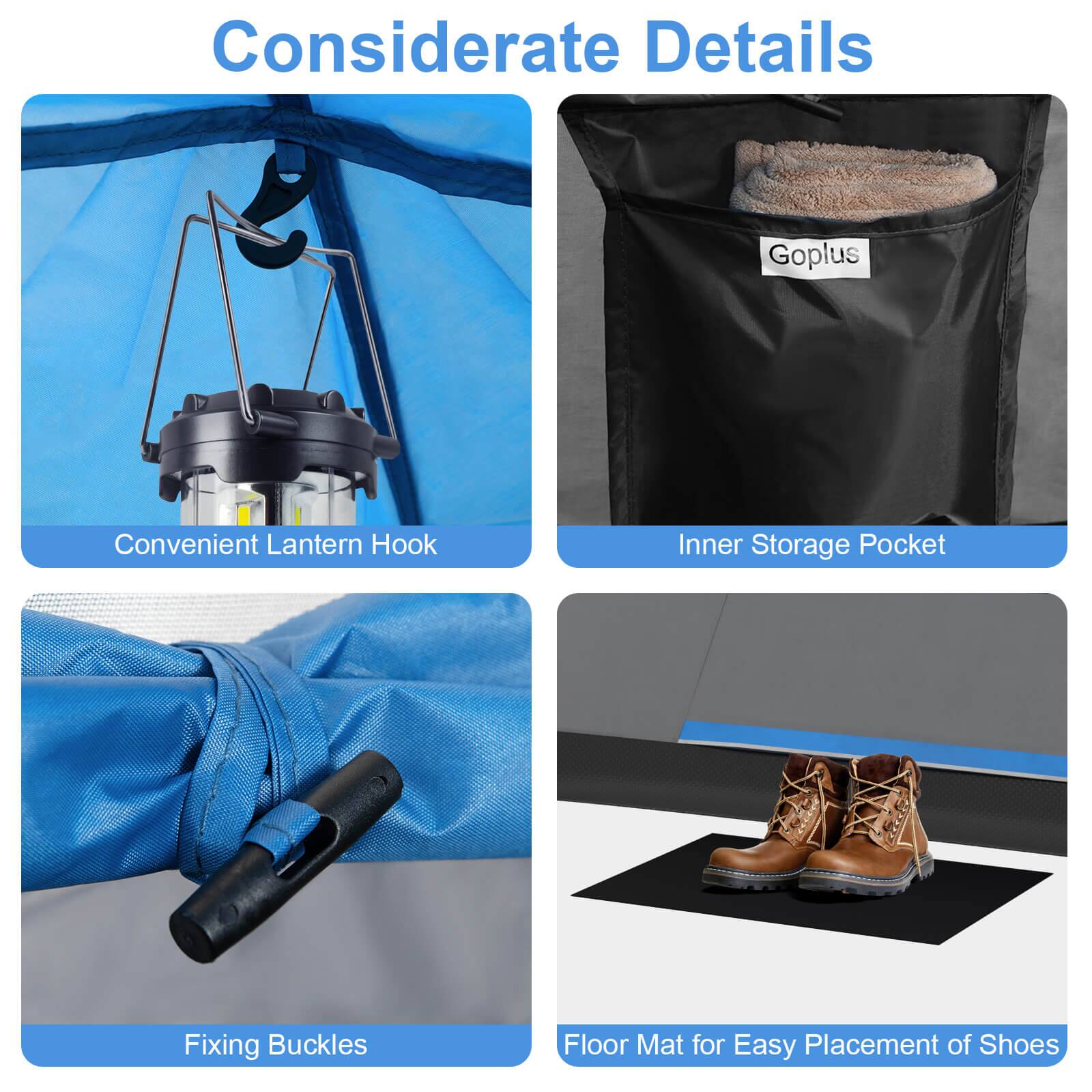 Considerate Details:

1. Convenient Lantern Hook
2. Inner Storage Pocket
3. Fixing Buckles
4. Floor Mat for Easy Placement of Shoes