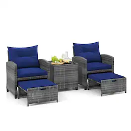 Gymax - 5 PCS Rattan Furniture w/ 2 Ottomans & Tempered Glass Coffee Table Patio - Navy