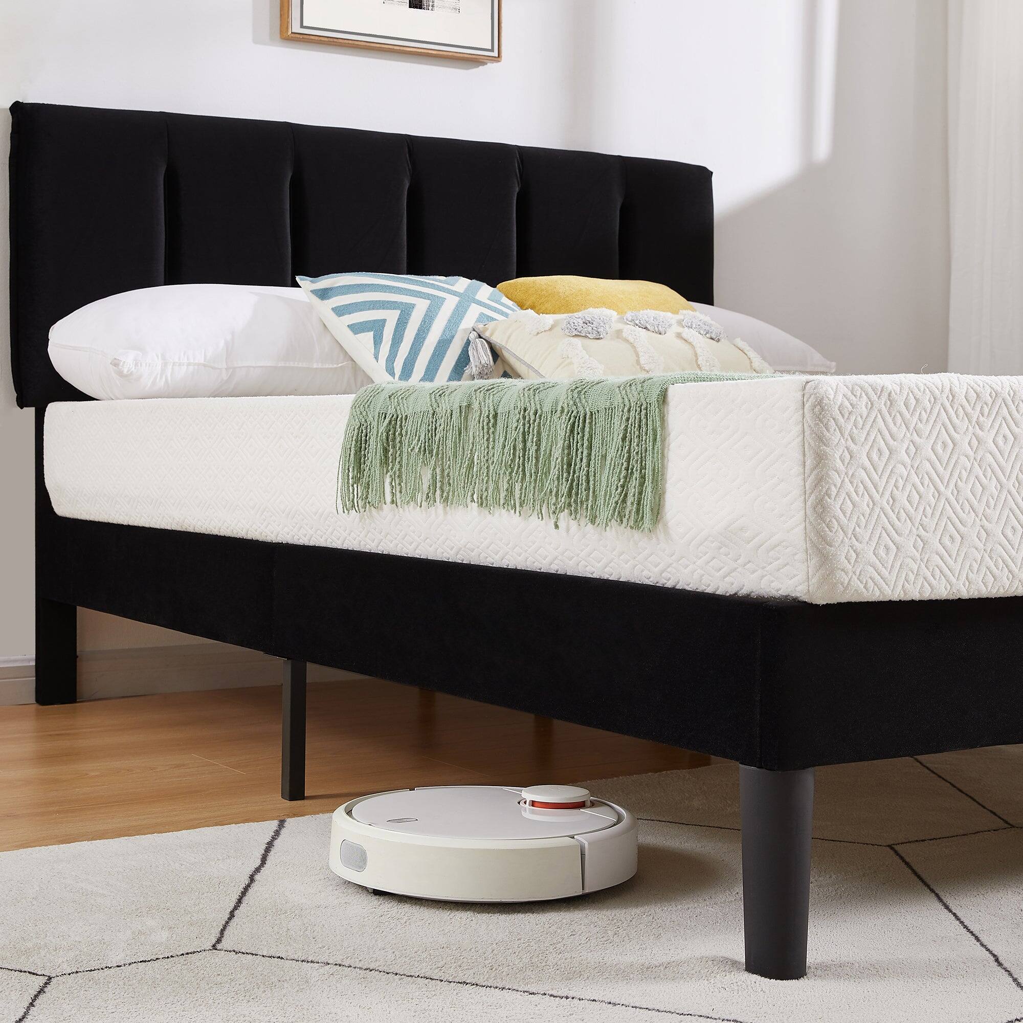 Alt View 2. Vecelo - Full Upholstered Bed with Adjustable Headboard & 7.9" Underbed Storage - Quiet Slat Metal Platform Bed,Fabric Frame - Black.