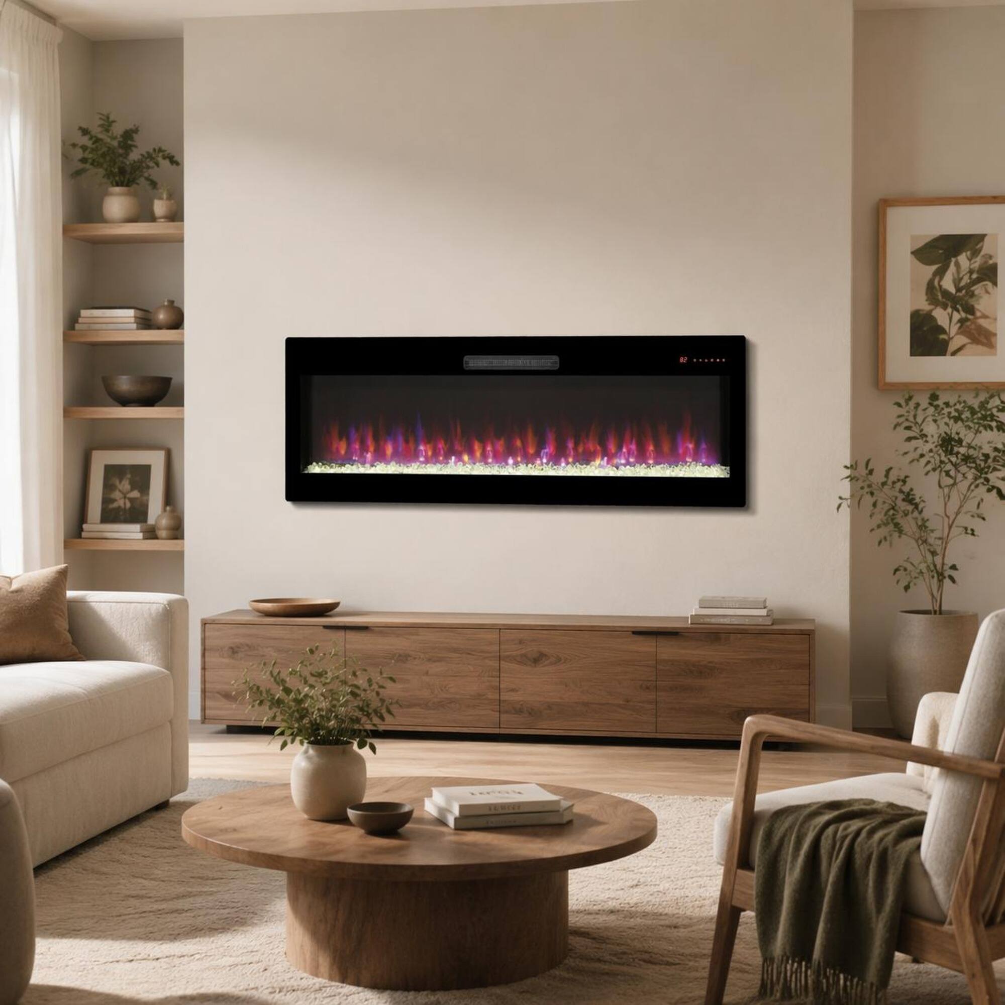 Angle. RYHNUYNE - Smart 50 Inch WiFi-Enabled Electric Fireplace Heater Recessed in-Wall & Wall-Mounted with Voice Control & 16 Color - Antique Black.