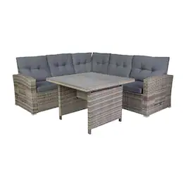 Flash Furniture - Huck Indoor/Outdoor Wicker Rattan Conversation Set, L-Shaped Sofa with Dining Table, Weather Resistant Cushions - Gray
