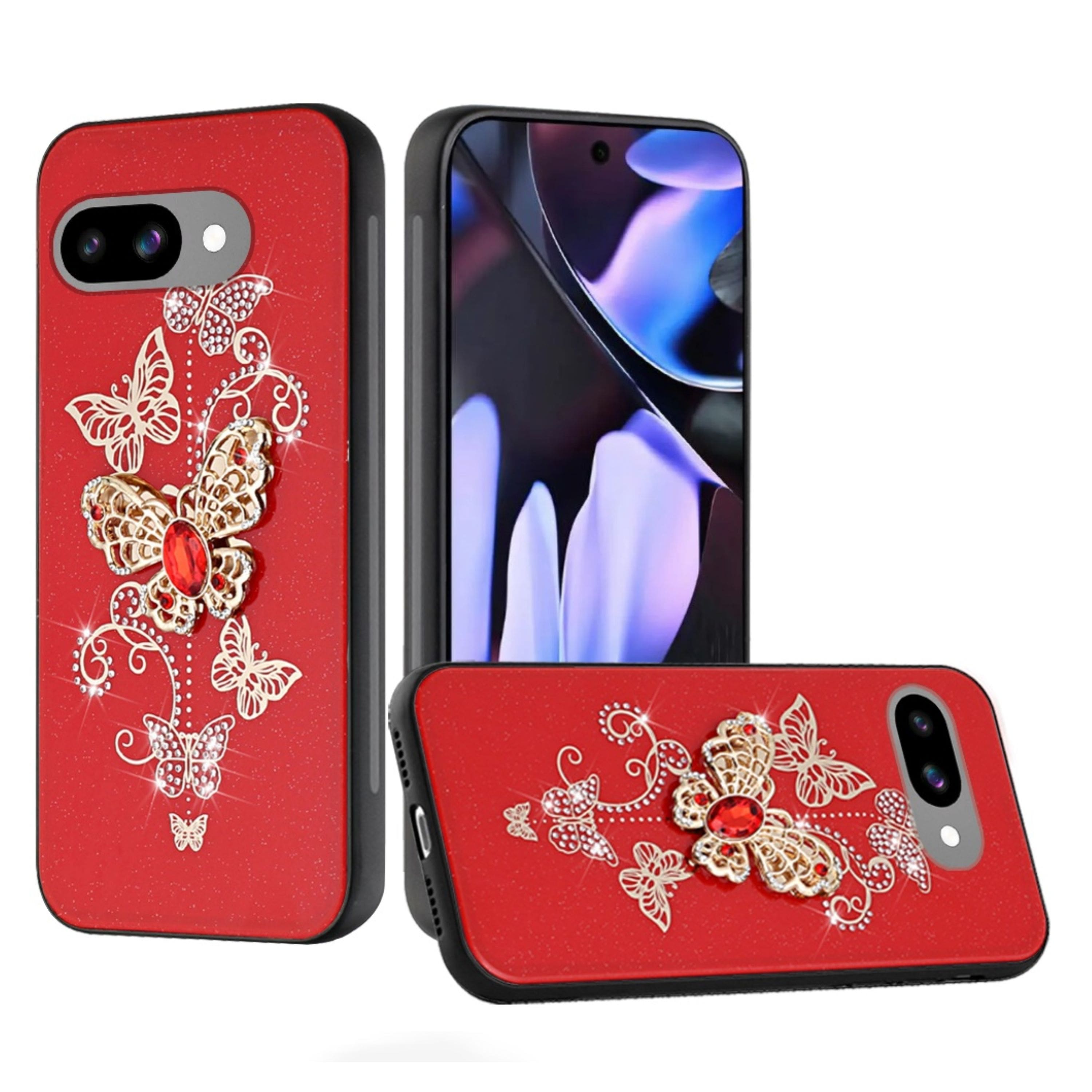 Kitcheniva - Butterfly Rhinestone Bling Glitter Design Phone Case With Tempered Glass For Google Pixel 9a - Red price history on PriceWatchPro