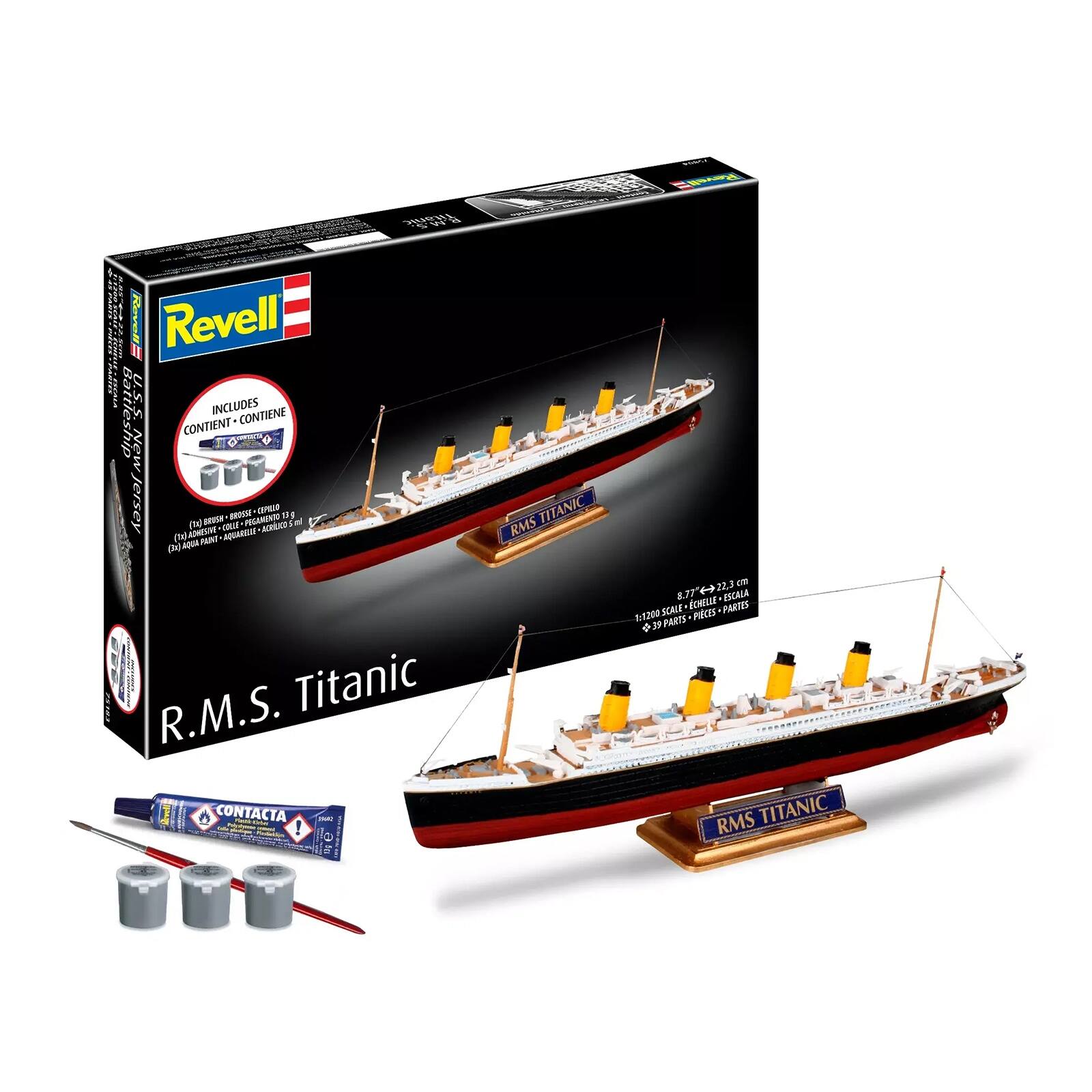 Titanic W  
Tockerricher  
RevellE  
Revell Battleship U.S.S. CONTIENT INCLUDES CONTIENE New Jersey (3g) (x) AQUA ADRESIVE (11g) PAINT BRUSH VULLE AQUARSUE BROSSE PEGAMENTO OEPELO AGRILICO 10g 5ml R.M.S. Titanic CONTACTA tu rach - PARQ hightster ! Probeloyo 10  
RMS TITANIC  
22,3 cm 8.77 (-) ESCALA SCALE CHELLE PARTES 1:1200 PARTS PIECES & 39 RMS TITANIC