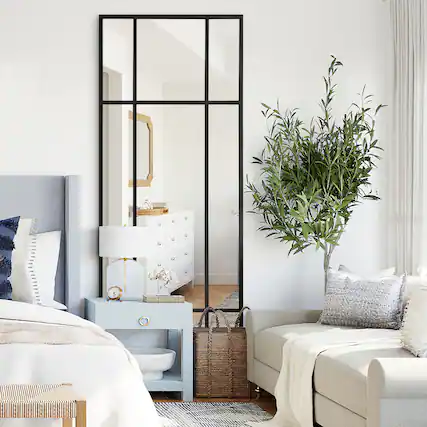Front. PexFix - Windowpane Rectangle Mirror, 63x24 in. Iron Frame, Rustic Wall Decor for Living Room, Entryway - Black.