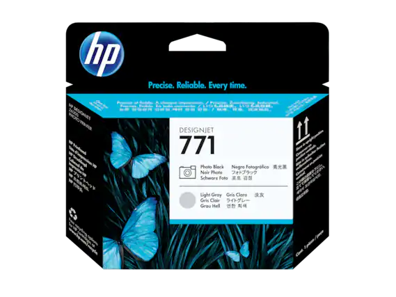 hp Precise. Reliable. Every time.
Clare Chem Prcise o1 fioble. A chaque impression / Proziso. Zuverlssig Jodesmal.
HP colleer AY Aoe Procisa Fioble. En todo momento.
HP DESIGNJET PHOTO PRINTER
DESIGNJET 771
Photo Black / Negro Fotográfico / Noir Photo / Schwarz Foto
Light Gray / Gris Claro / Gris Clair / Grau Hell
www.kip.com/recycle
Free recycling options for HP cartridges at www.hp.com/recycle
