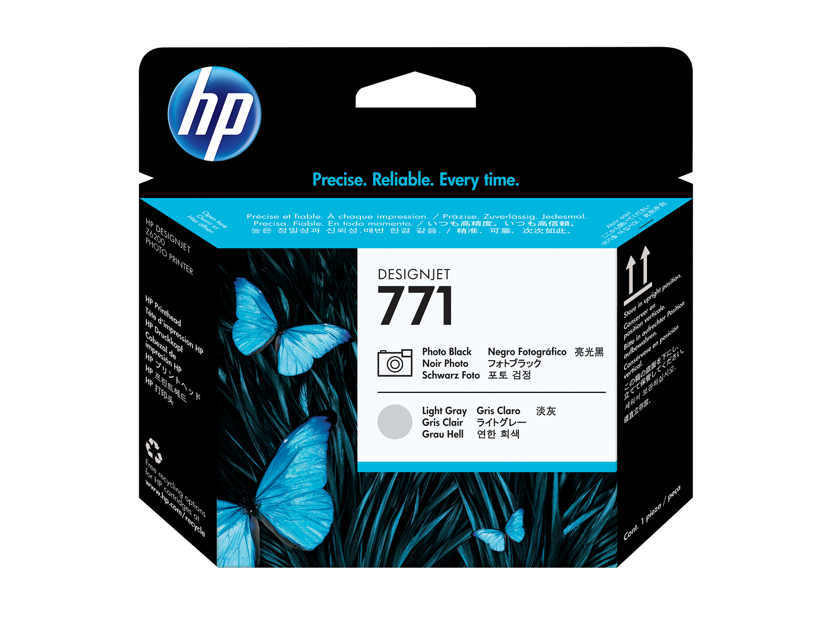 hp Precise. Reliable. Every time.  
Clare Chem Prcise o1 fioble. A chaque impression / Proziso. Zuverlssig Jodesmal.  
HP colleer AY Aoe Procisa Fioble. En todo momento.  

HP DESIGNJET PHOTO PRINTER  
DESIGNJET 771  

Photo Black / Negro Fotográfico / Noir Photo / Schwarz Foto  
Light Gray / Gris Claro / Gris Clair / Grau Hell  

www.kip.com/recycle  
Free recycling options for HP cartridges at www.hp.com/recycle