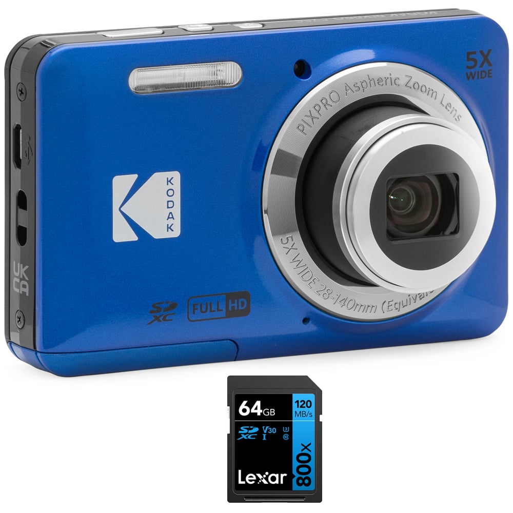 Kodak - PIXPRO FZ55 Digital Camera Blue with Lexar 64GB Memory Card Bundle