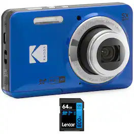 Kodak - PIXPRO FZ55 Digital Camera Blue with Lexar 64GB Memory Card Bundle