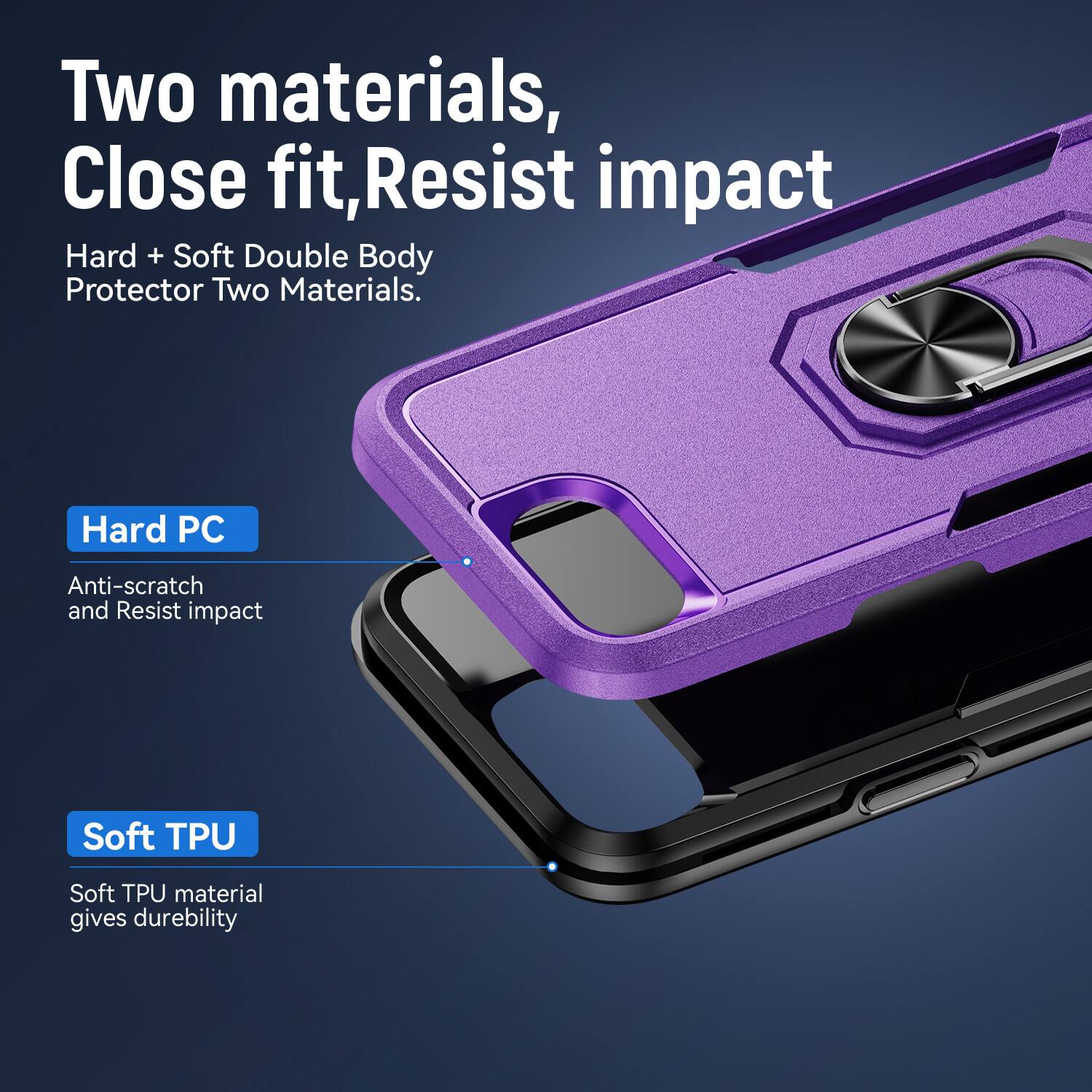 Two materials, Close fit, Resist impact  
Hard + Soft Double Body Protector Two Materials.  
Hard PC  
Anti-scratch and Resist impact  
Soft TPU  
Soft TPU material gives durability