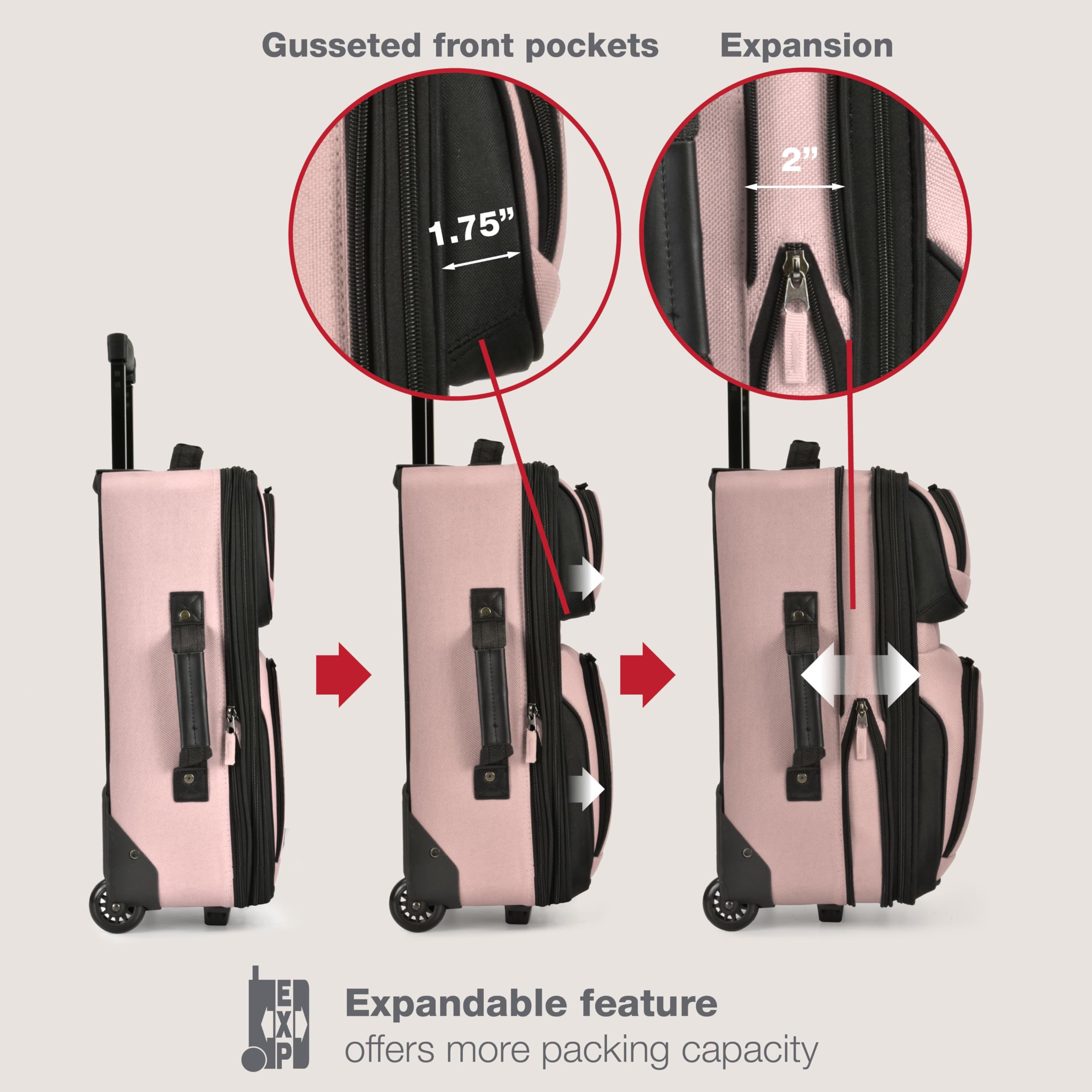 Gusseted front pockets  
Expansion 1.75" 2"  
Expandable feature X EXP P offers more packing capacity