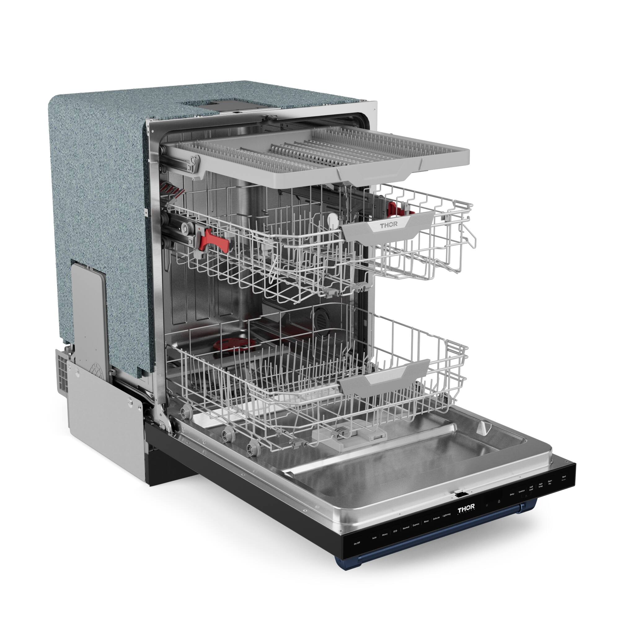 The image shows a dishwasher with an open door, revealing a silver rack with dishes inside. The dishwasher is made of stainless steel and has a silver and black color scheme. The dishes are arranged in a neat and organized manner, with some placed closer to the front and others towards the back of the rack. The dishwasher is designed to efficiently clean and dry the dishes, making it a convenient appliance for maintaining a clean and organized kitchen.