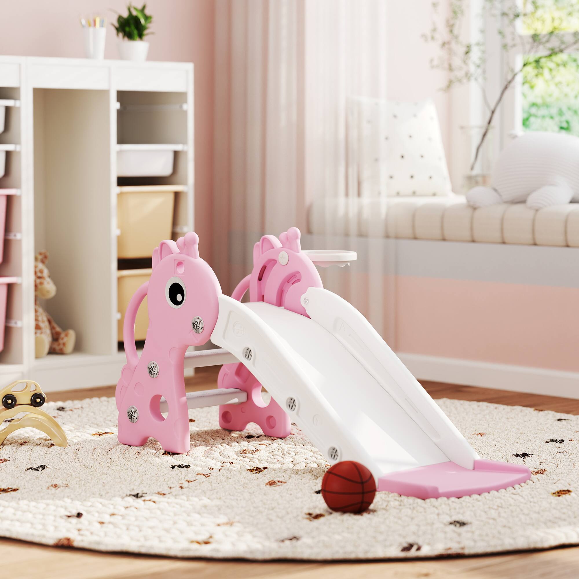 Alt View 1. Qaba - Toddler Slide for Age 1-3, Freestanding Kids Slide with Climber, Basketball Hoop and Ball.