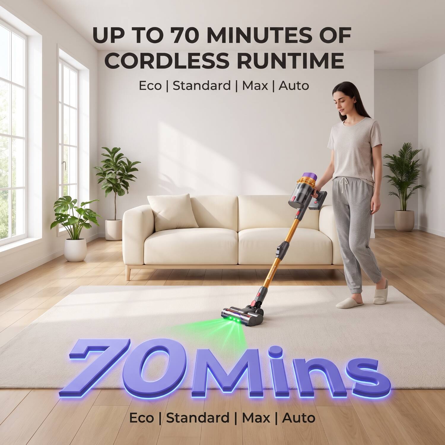 UP TO 70 MINUTES OF CORDLESS RUNTIME  
Eco | Standard | Max | Auto  

70 Mins  
Eco | Standard | Max | Auto