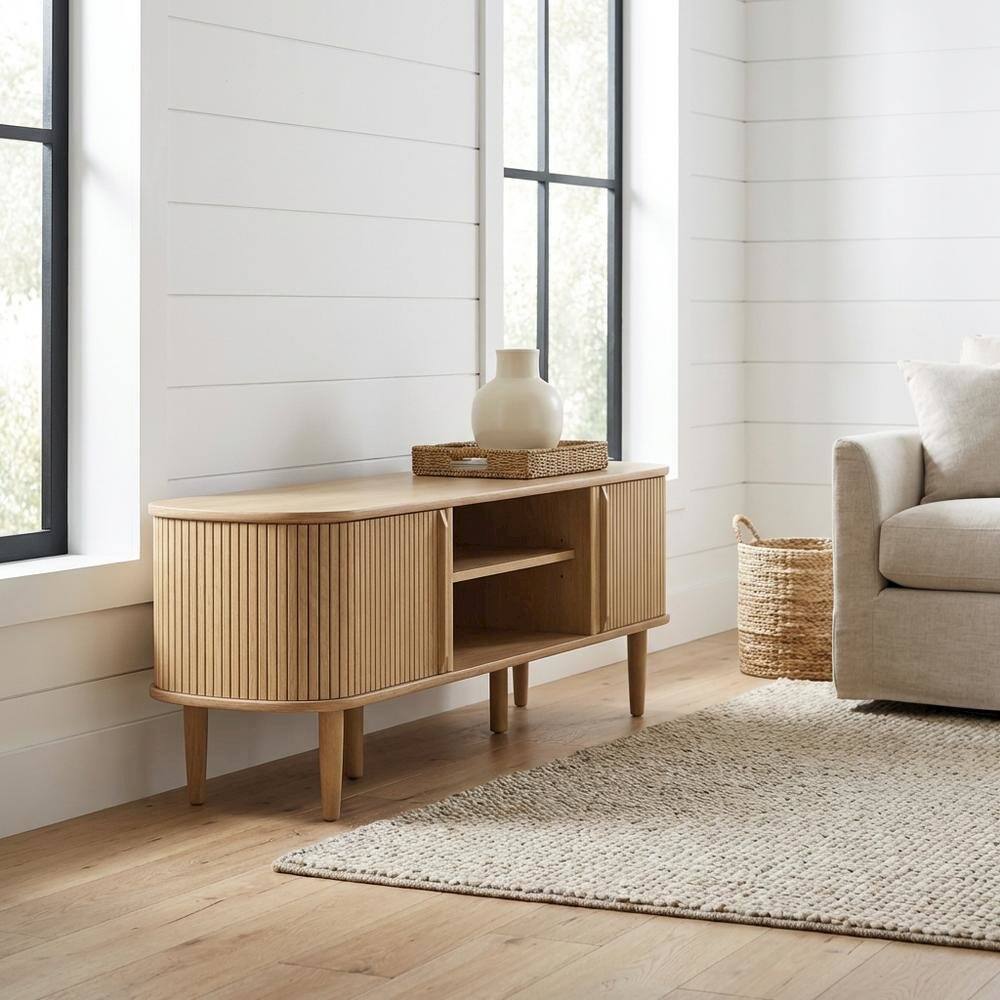 Angle. FurniFact - Brown wooden TV stand with sleek design and sturdy construction - Brown.