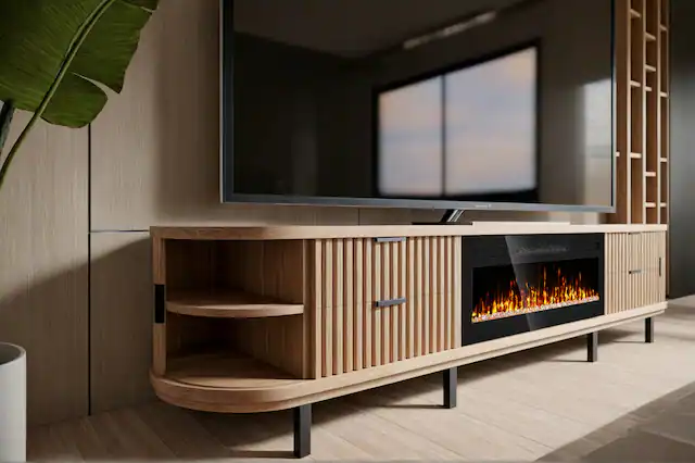 Front. Living Essentials Corp - Avara TV Console 100 inch Electric Fireplace TV Stand and Modern Entertainment Center for Living Room Oak - Oak.