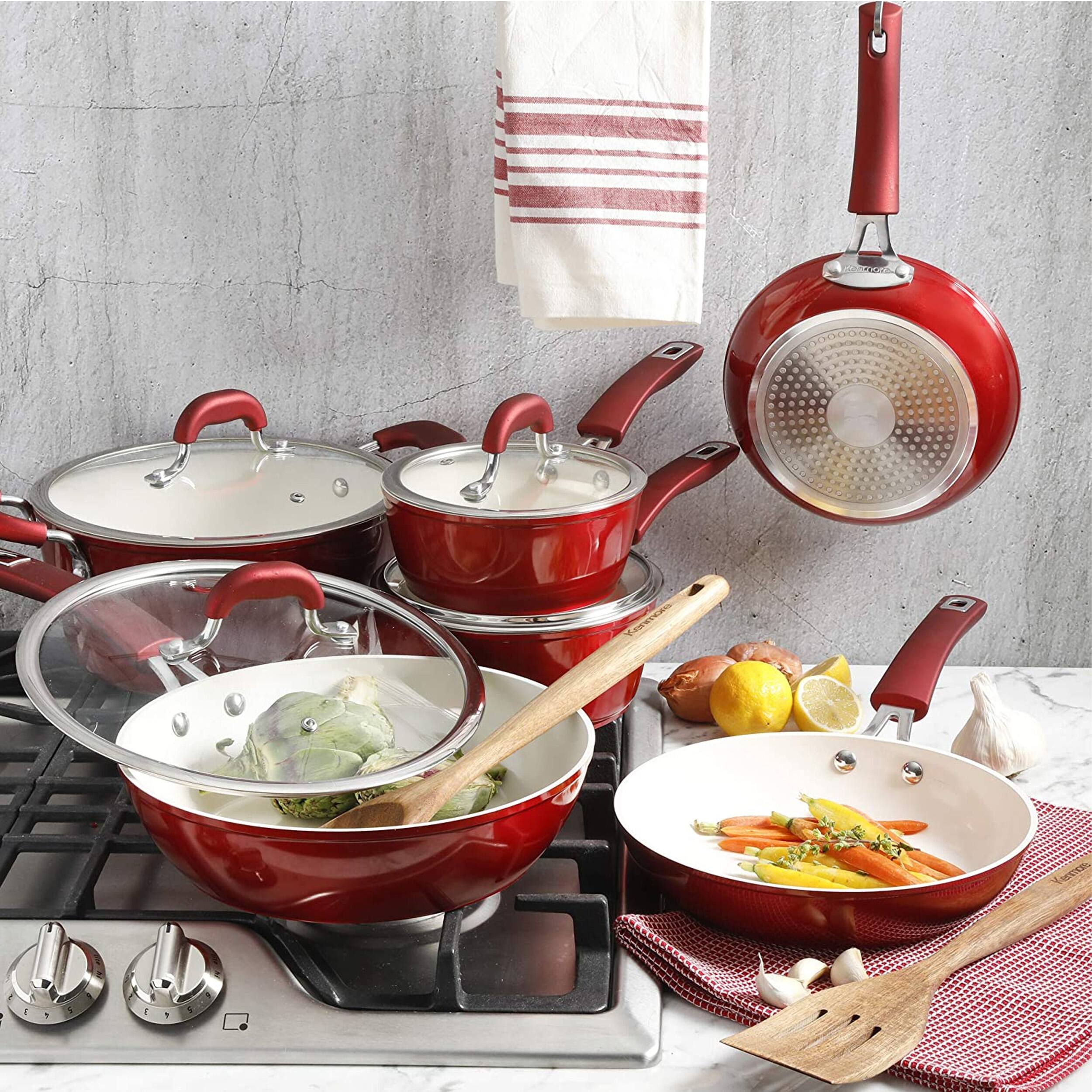 Alt View 5. Kenmore - Kenmore Arlington 12 Piece Aluminum Ceramic Coated Nonstick Cookware Set in Metallic Red - Metallic Red.