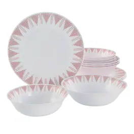 Ultra by Gibson Piper Point 12 Piece Opal Glass Dinnerware Set in White With Red Accents - White and Red