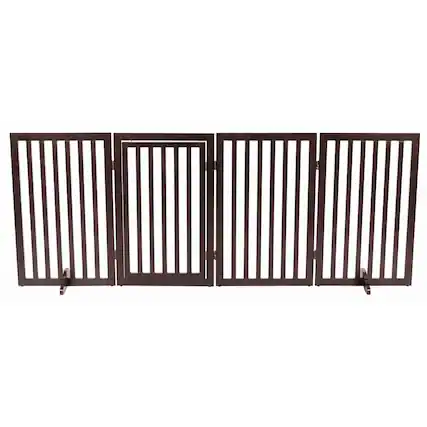 Front. TRIXIE - 4-Panel Convertible Wooden 80" Freestanding Pet Gate - Pen with Pet Door, Brown - Espresso Brown.